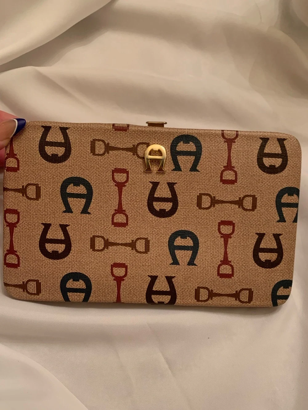 Vintage Etienne Aigner Beige Logo-Print Clutch with Navy & Burgundy Accents